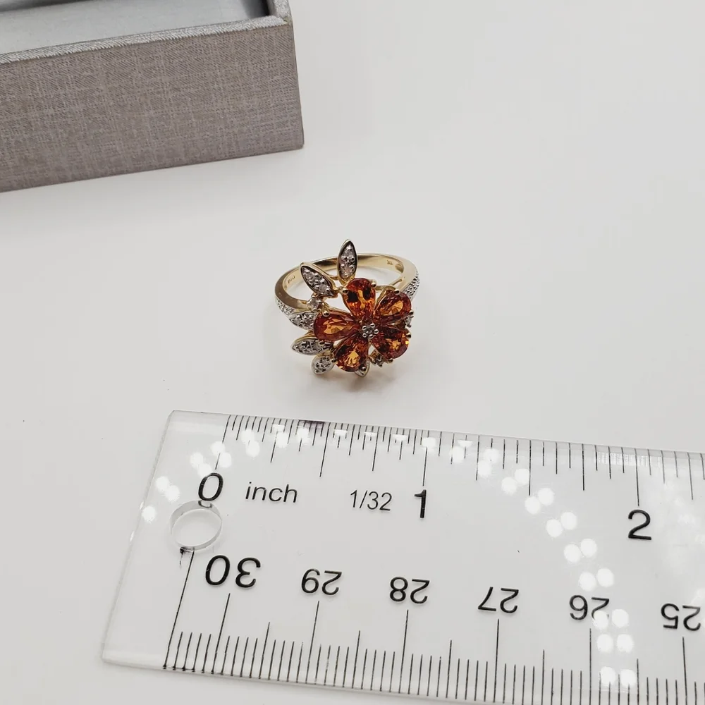 10k Solid Yellow Gold Genuine Spessartite Mandarin Garnet & Diamond Flower Ring